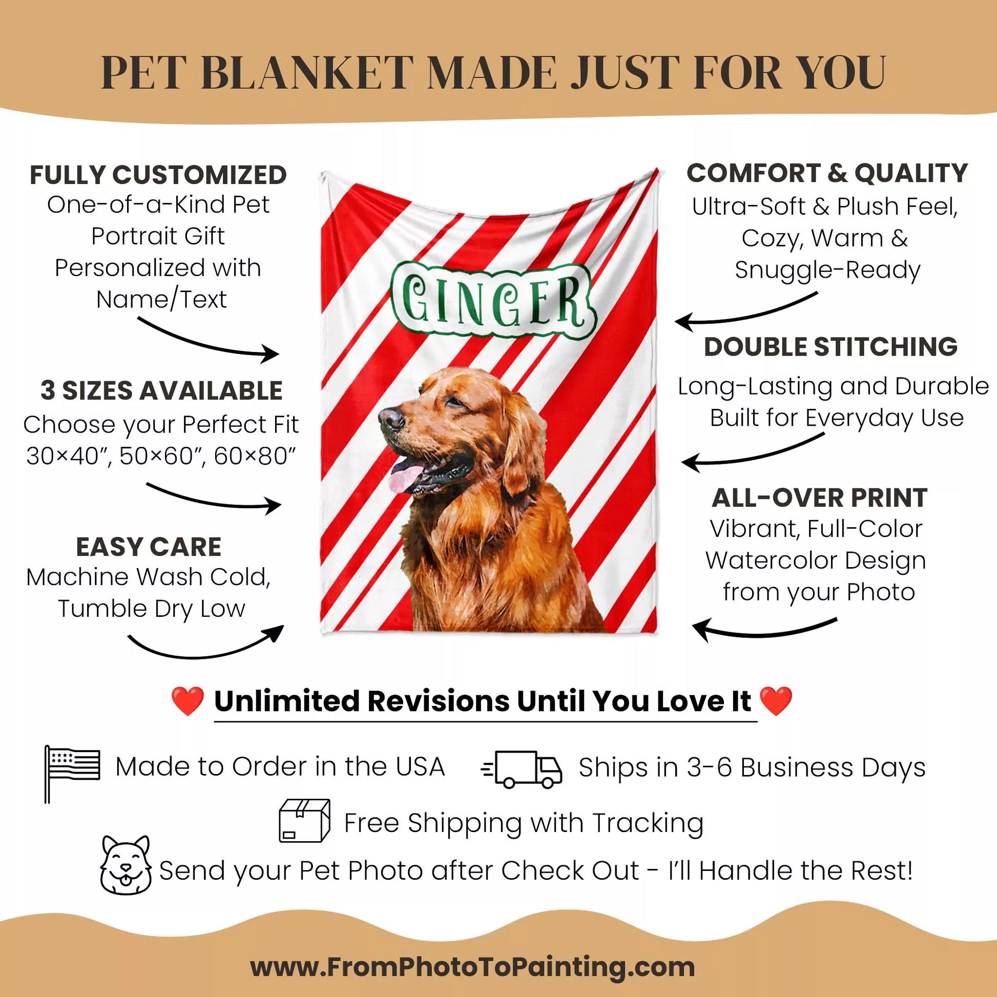 Custom Made Christmas Dog Blanket for Golden Retriever - FromPhotoToPainting