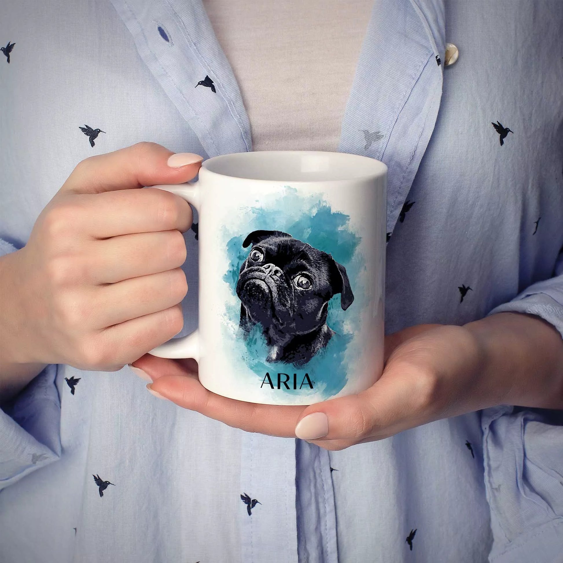 Personalized Black Pug Mug in Blue - FromPhotoToPainting