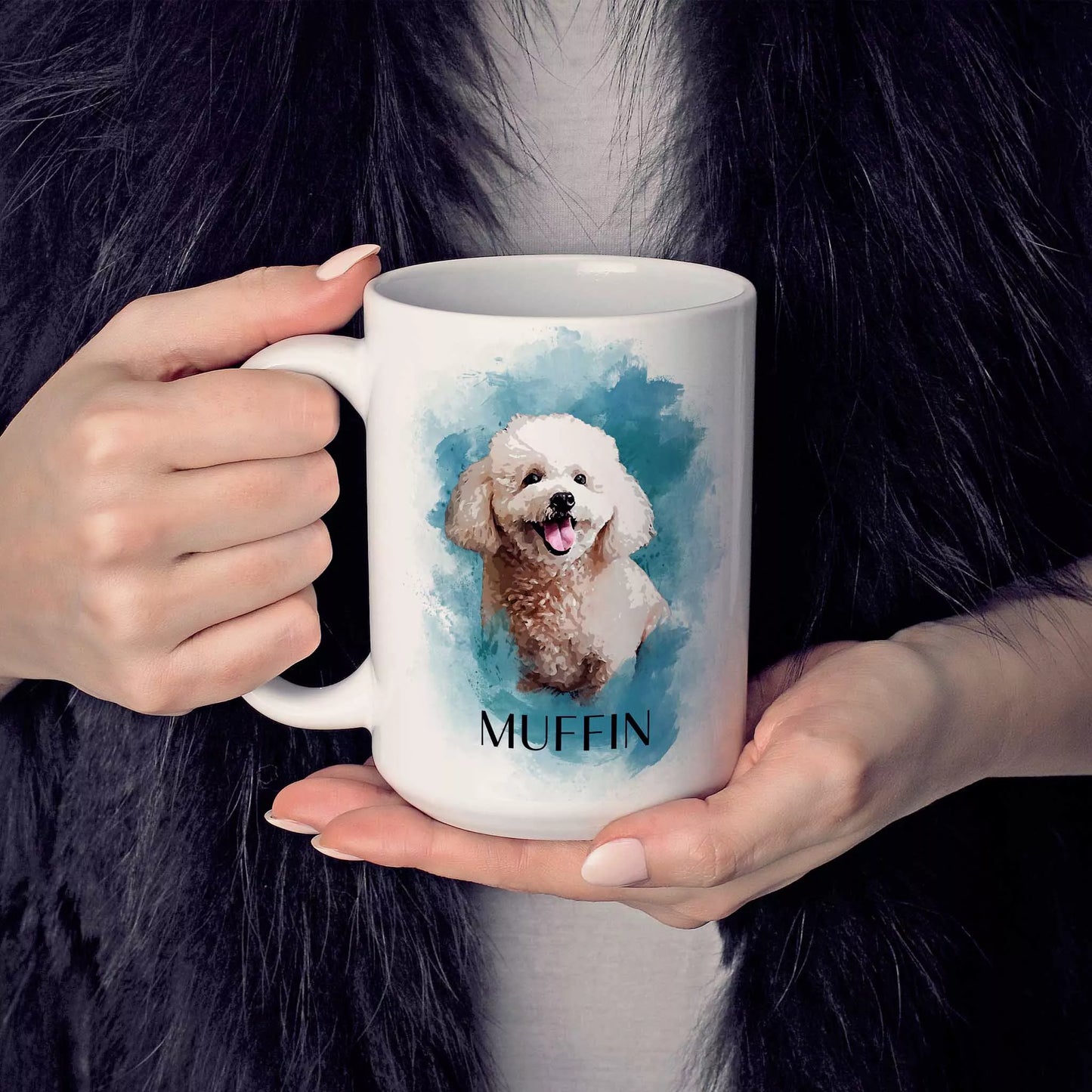 Person holding a 15 oz coffee Poodle mug with a dog illustration and 'MUFFIN' text against a dark background