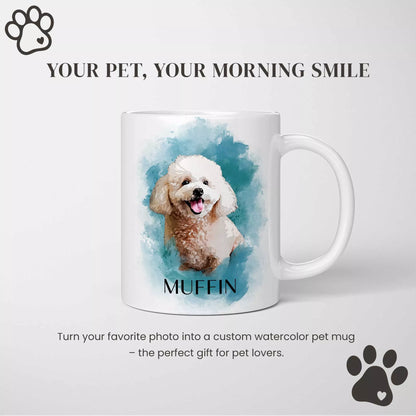 Mug with a Poodle dog's photo and name 'Muffin' on a light gray background