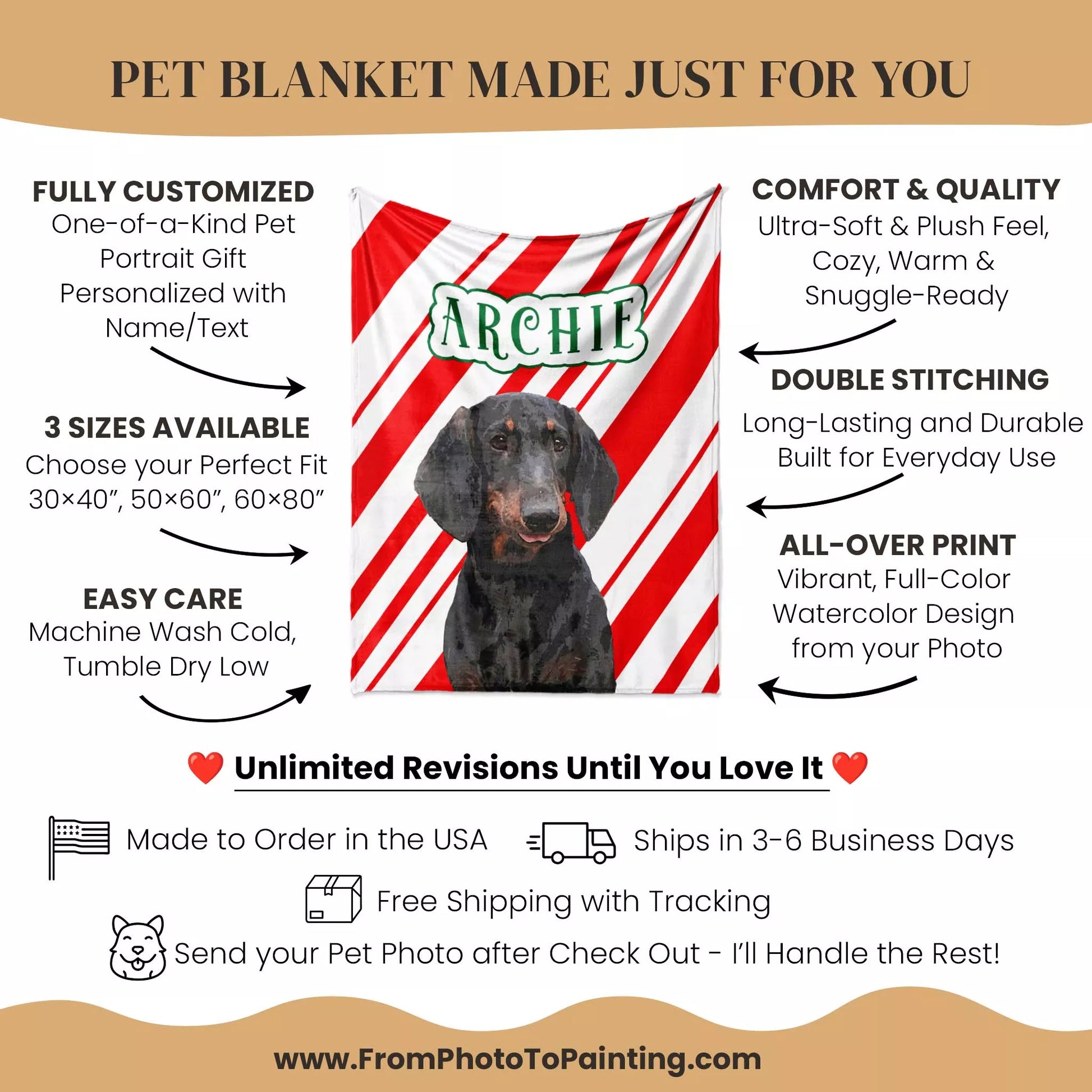 Personalized Christmas Dog Blanket Wiener Dog - FromPhotoToPainting