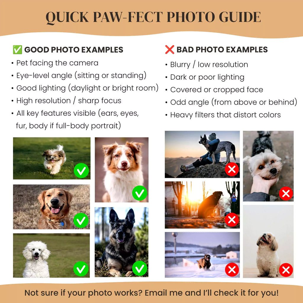 Quick Paw-fect Photo Guide with examples of good and bad pet photos