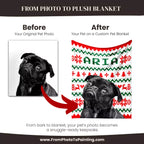 Before and after comparison of a black dog photo on a custom dog blanket with red and green patterns.