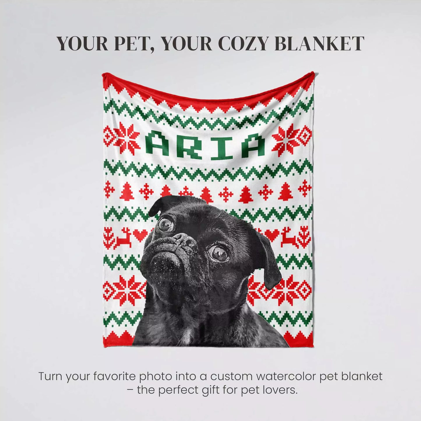 Ugly Sweater Christmas Custom Dog Blanket for Black Pug Dog - FromPhotoToPainting