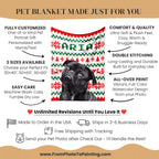 Pet blanket with a dog's face and personalized text, featuring product details on a beige background.