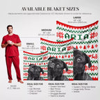 Aria dog blanket size chart with a man and dogs showing blanket dimensions.