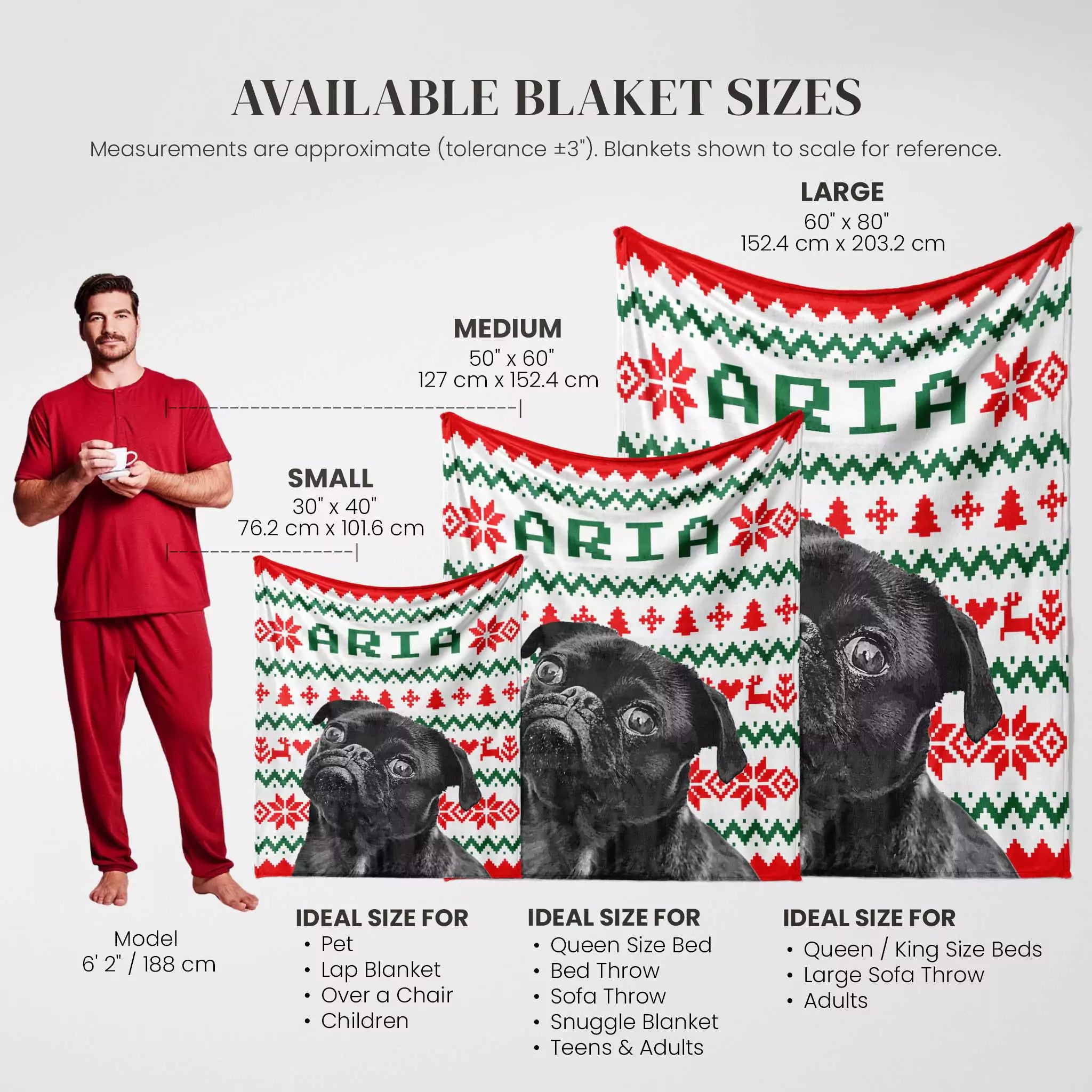 Aria dog blanket size chart with a man and dogs showing blanket dimensions.