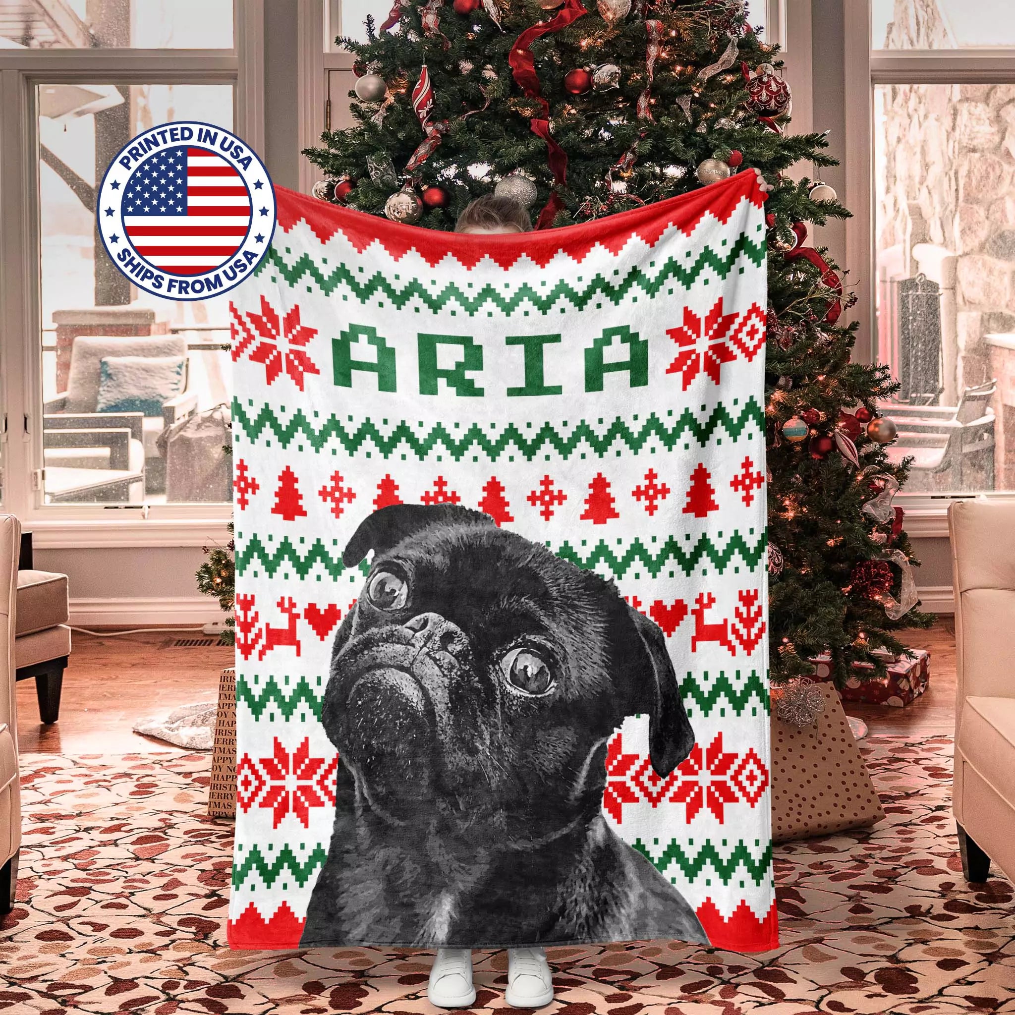 Christmas-themed blanket with a dog's face and 'ARIA' text, displayed in a room with a decorated Christmas tree.