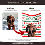 Before and after comparison of a Dachshund dog photo on a custom blanket with 'Casper' name.