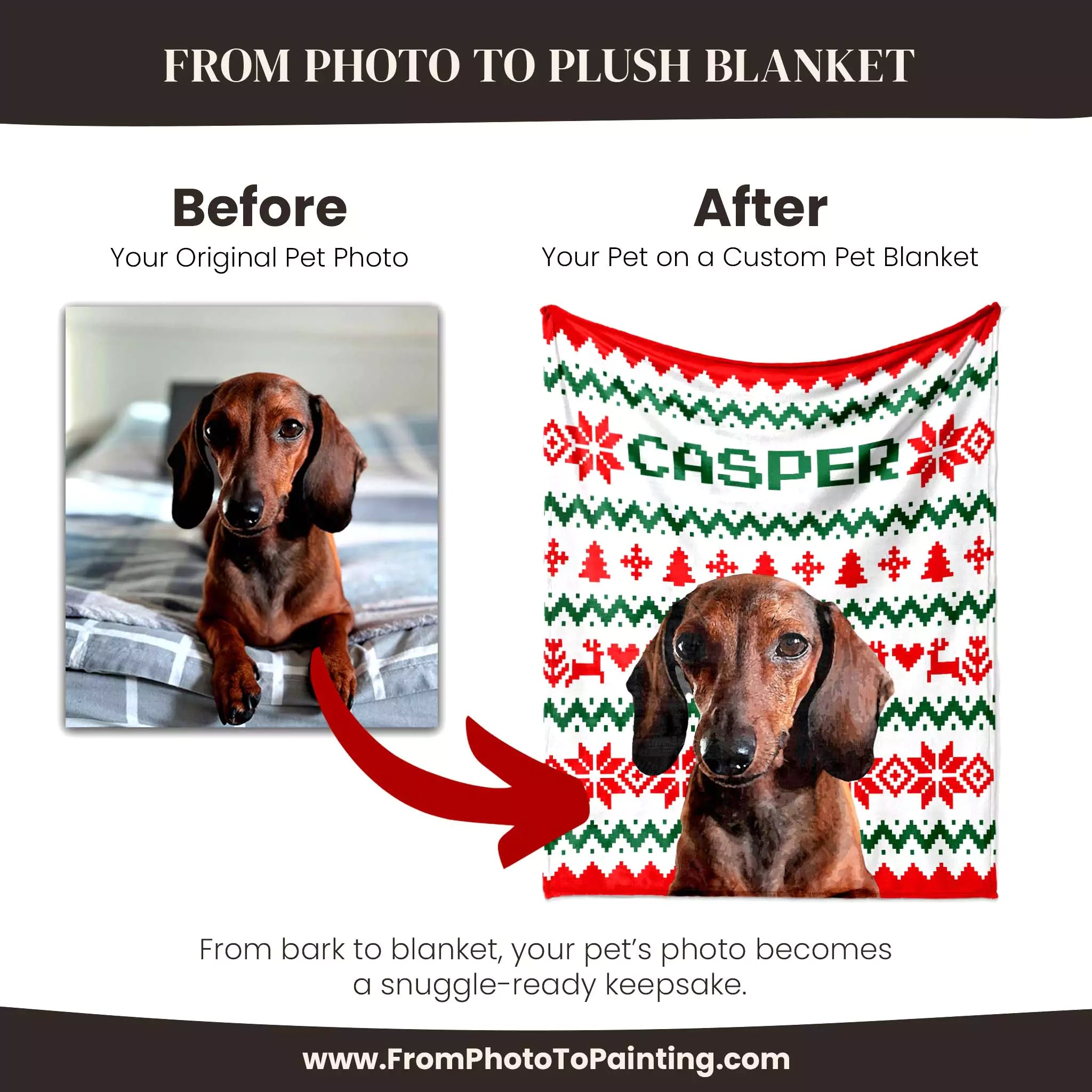 Before and after comparison of a Dachshund dog photo on a custom blanket with 'Casper' name.