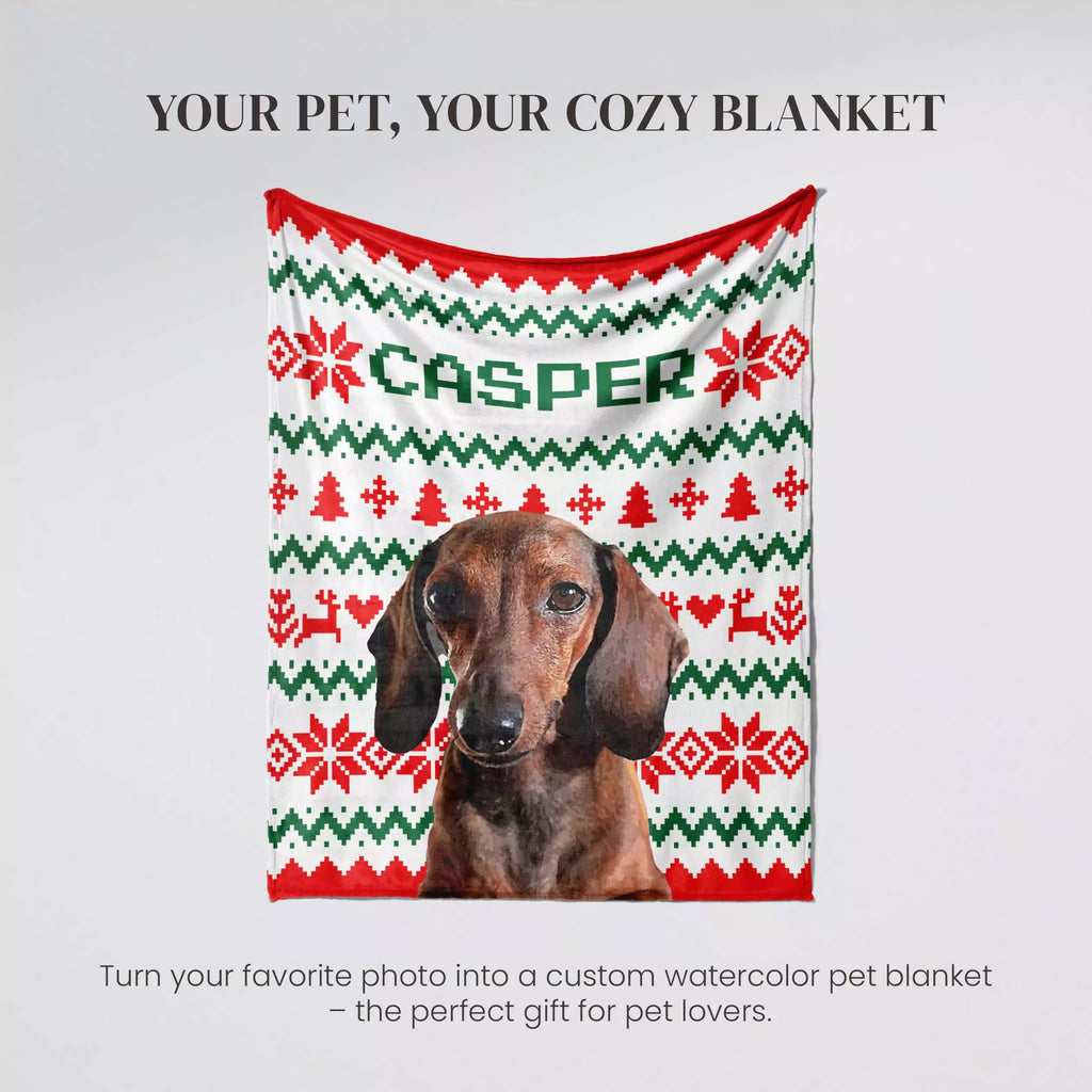 Dachshund Dog blanket with ugly sweater Christmas pattern and 'Casper' dog name on a gray background