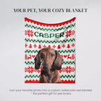 Dachshund Dog blanket with ugly sweater Christmas pattern and 'Casper' dog name on a gray background