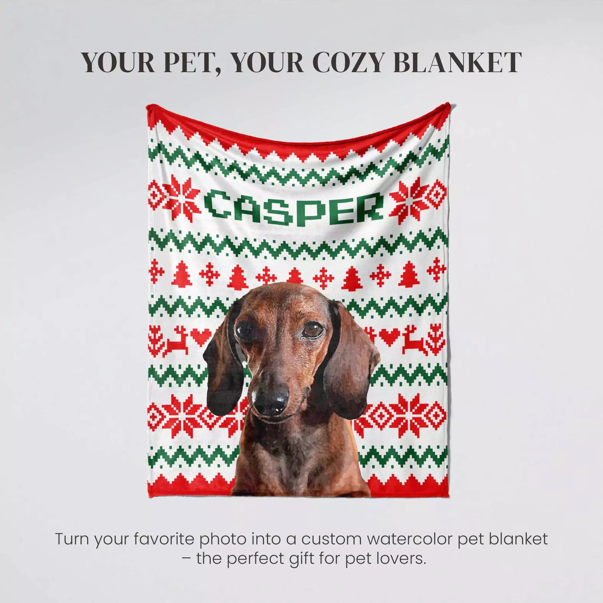 Dachshund Dog blanket with ugly sweater Christmas pattern and 'Casper' dog name on a gray background