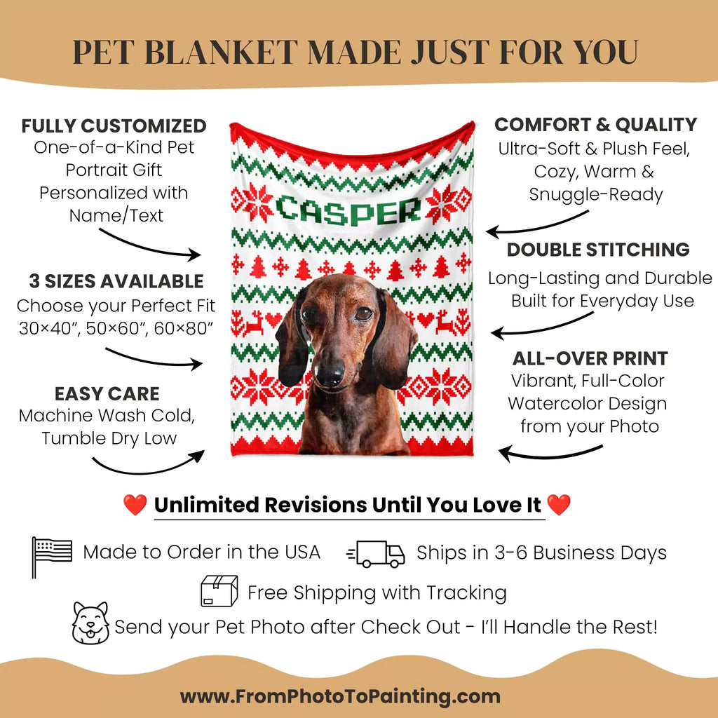 Pet blanket with a dachshund design and promotional text for customization and features.