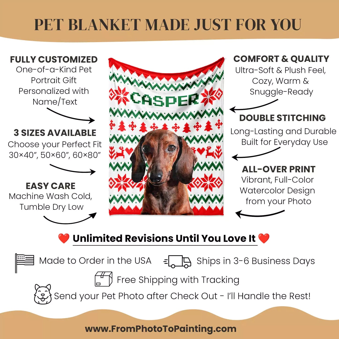Ugly Sweater Christmas Custom Dog Blanket for Dachshund - FromPhotoToPainting