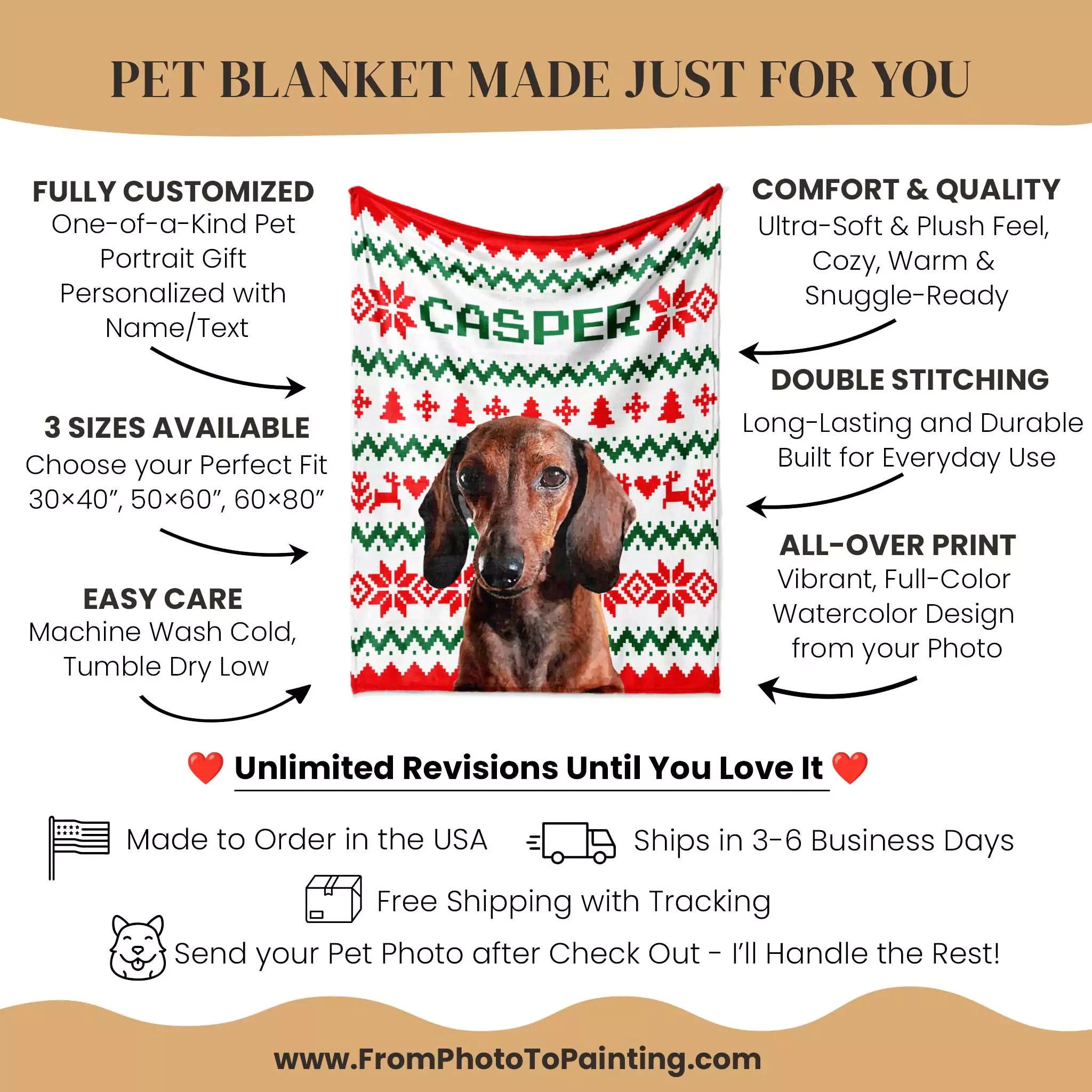 Pet blanket with a dachshund design and promotional text for customization and features.