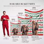 Casper Dachshund dog blanket size chart with a man and dogs showing different blanket sizes.