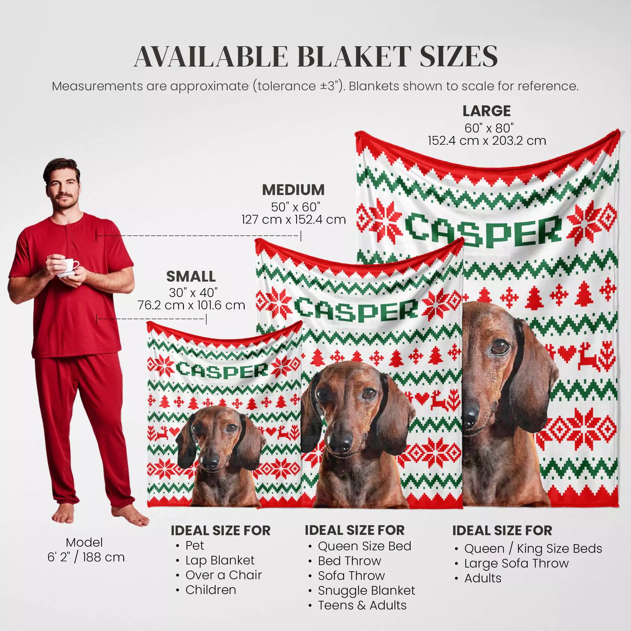 Casper Dachshund dog blanket size chart with a man and dogs showing different blanket sizes.