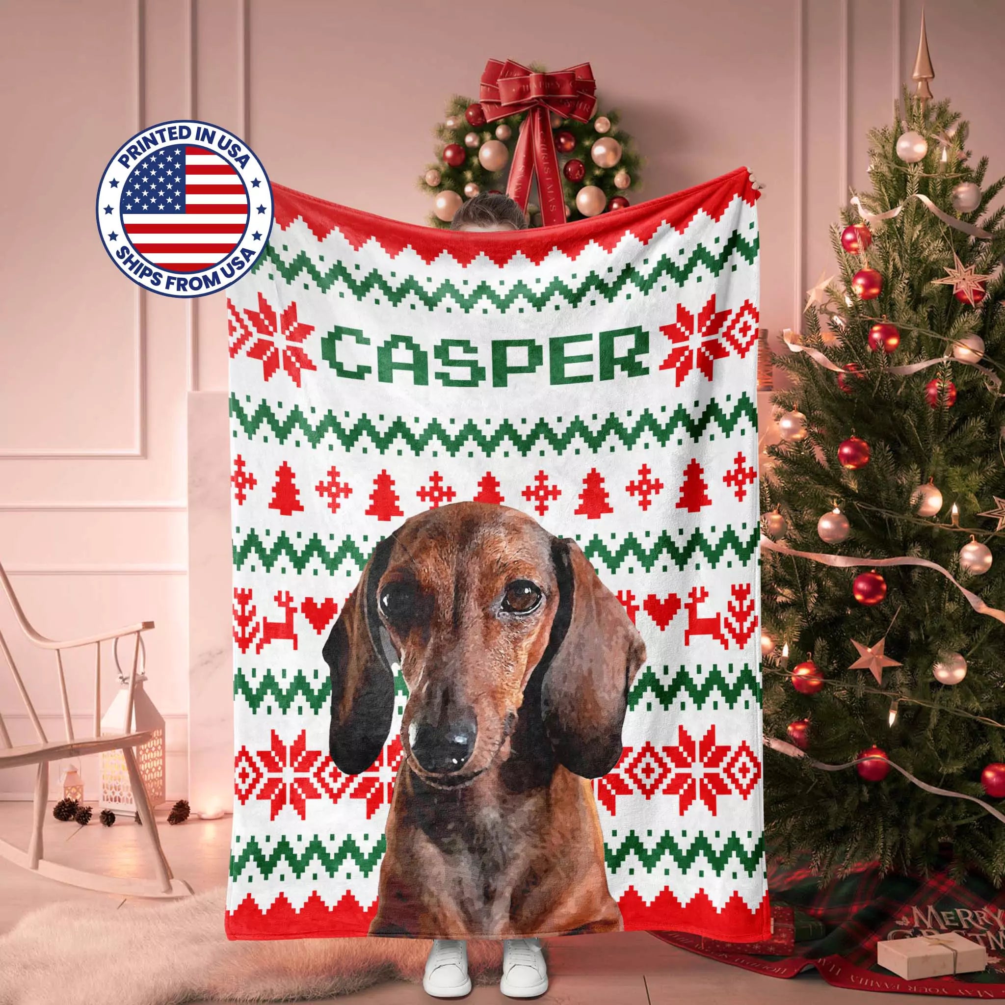 Dachshund dog blanket with 'Casper' branding in a festive room with Christmas tree and wreath.