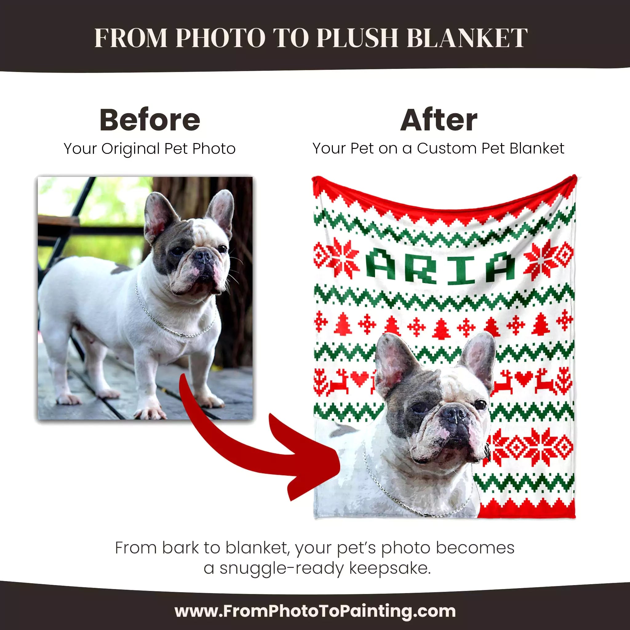Before and after comparison of a dog photo on a custom dog blanket with ugly sweater red and green patterns.