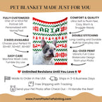 Pet blanket with a dog's face on it, featuring text about customization and product details.