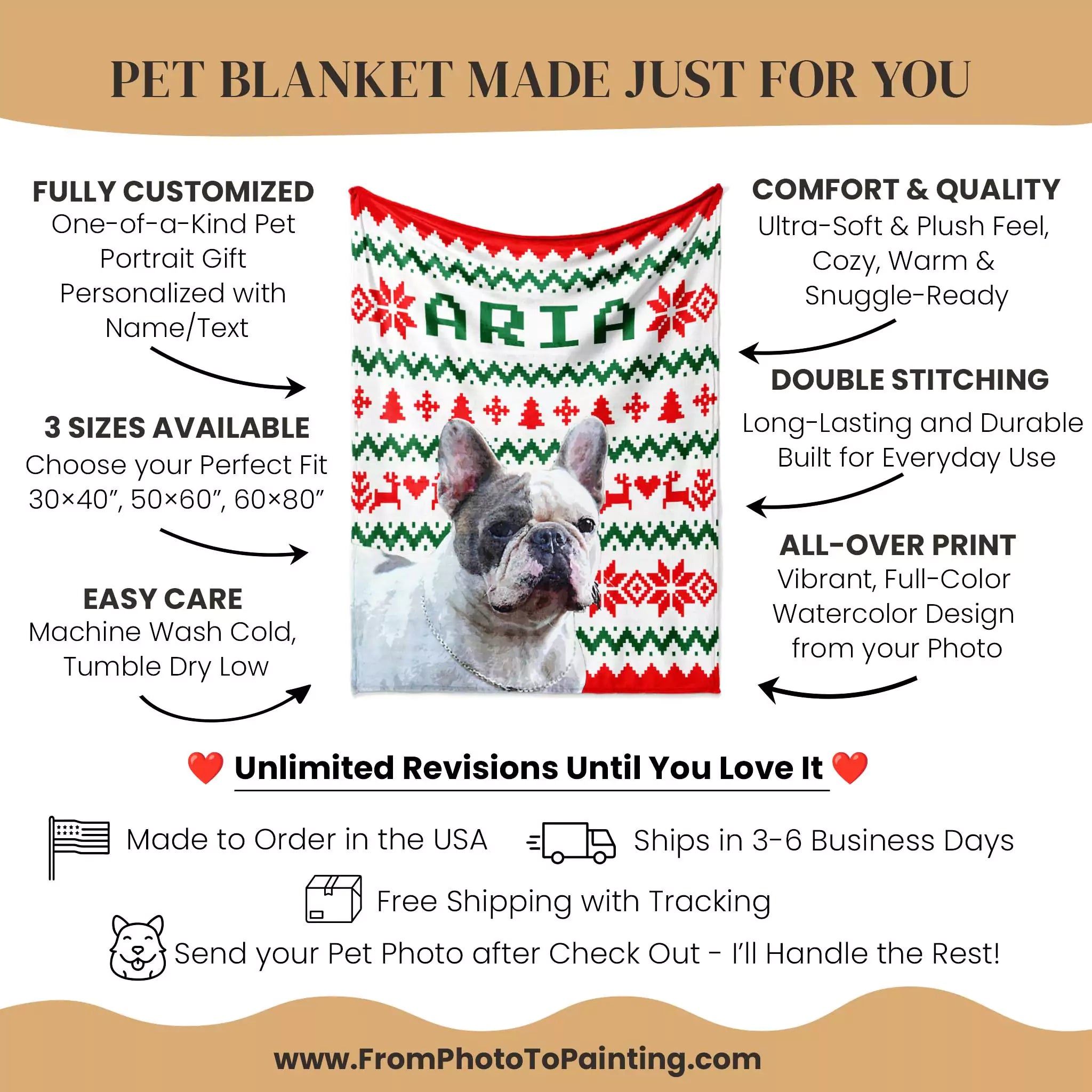 Pet blanket with a dog's face on it, featuring text about customization and product details.