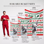 French Bulldog ugly sweater Christmas blankets with size chart and dog images on a white background