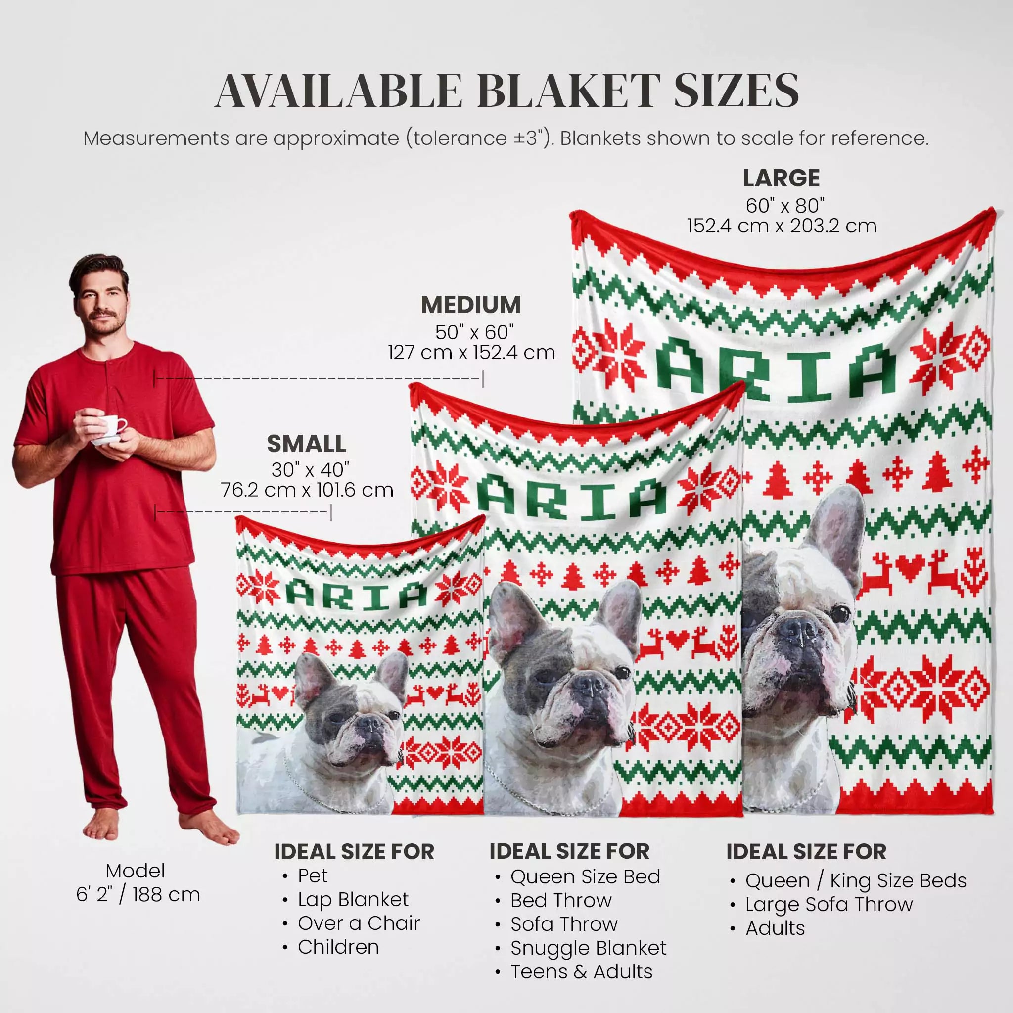 French Bulldog ugly sweater Christmas blankets with size chart and dog images on a white background