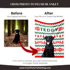 Before and after comparison of a black dog photo on a custom dog blanket with 'Teddy' and ugly sweater Christmas patterns.