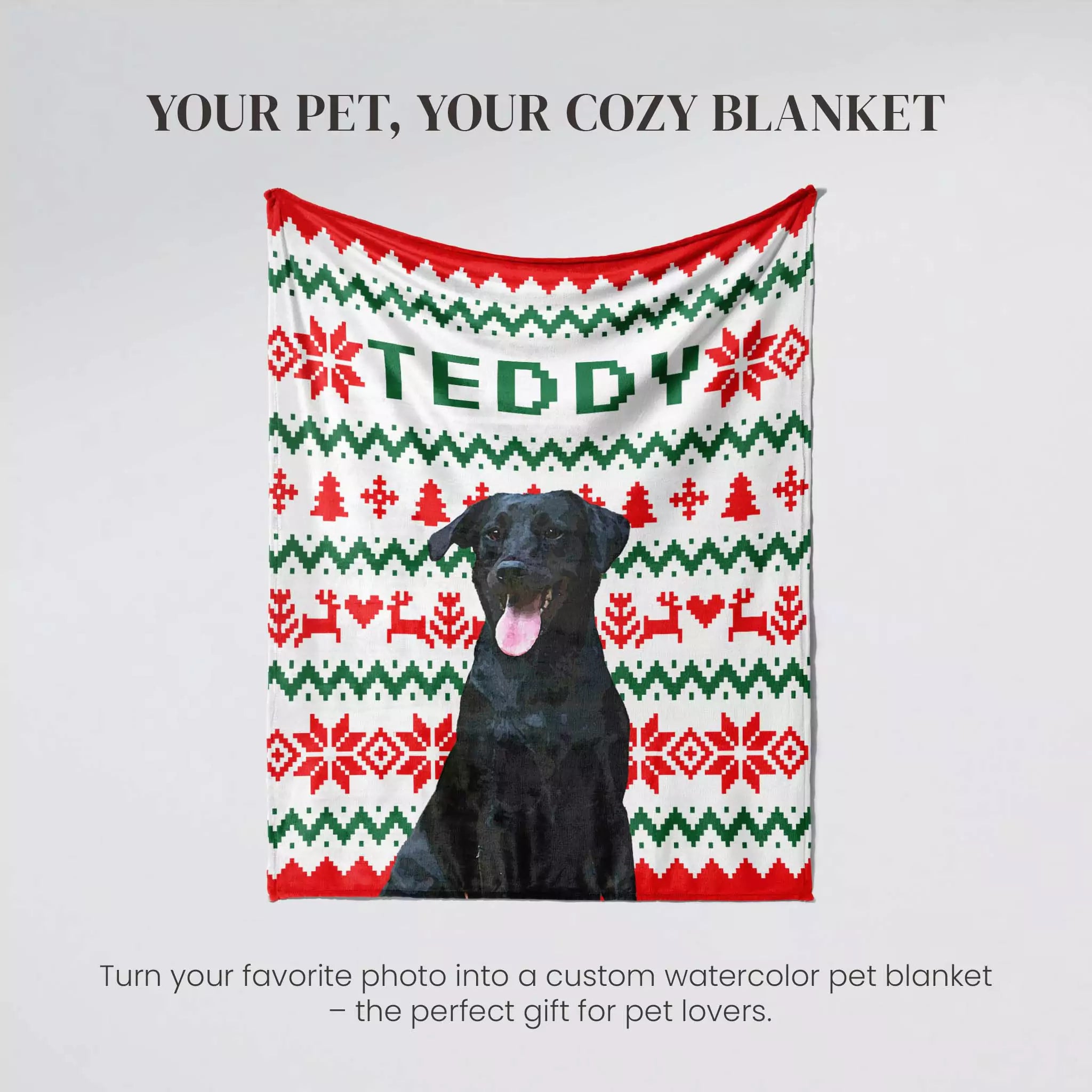 Blanket with a dog and 'Teddy' text, featuring a ugly sweater Christmas pattern on a light gray background.