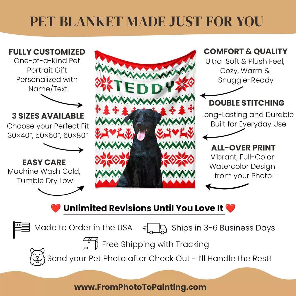 Ugly sweater dog blanket with personalized design and text, featuring a dog on a festive pattern.