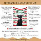 Ugly sweater dog blanket with personalized design and text, featuring a dog on a festive pattern.