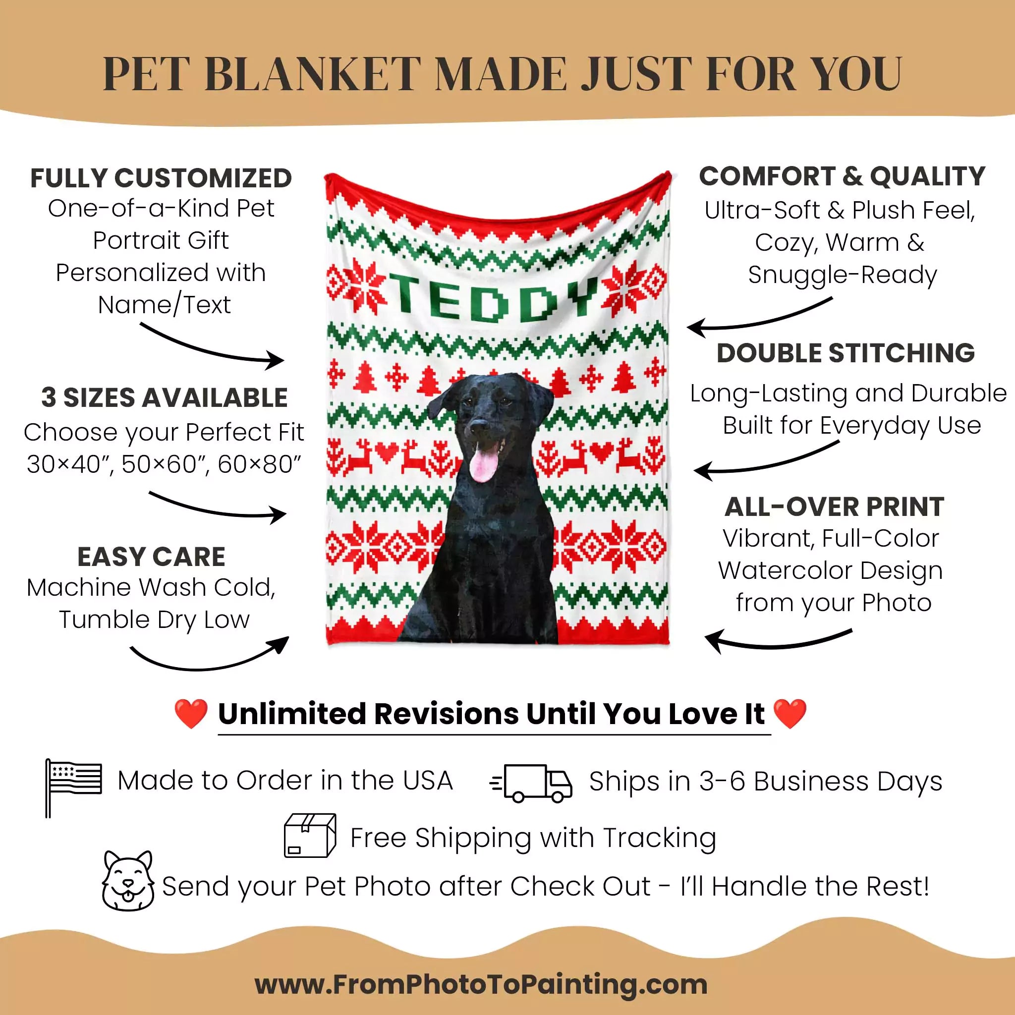 Ugly sweater dog blanket with personalized design and text, featuring a dog on a festive pattern.