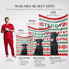 Measurement chart for ugly sweater Christmas dog blankets showing different sizes with a person and dogs for scale.