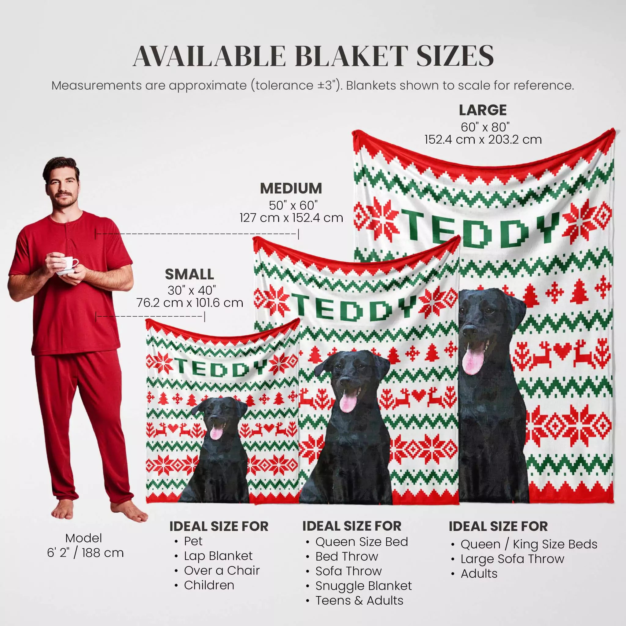 Measurement chart for ugly sweater Christmas dog blankets showing different sizes with a person and dogs for scale.