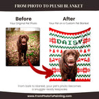 Before and after comparison of a dog photo on a custom dog blanket with 'DAISY' printed on it.
