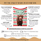 Pet blanket with a dog's face and personalized text, featuring various product details on a beige background.