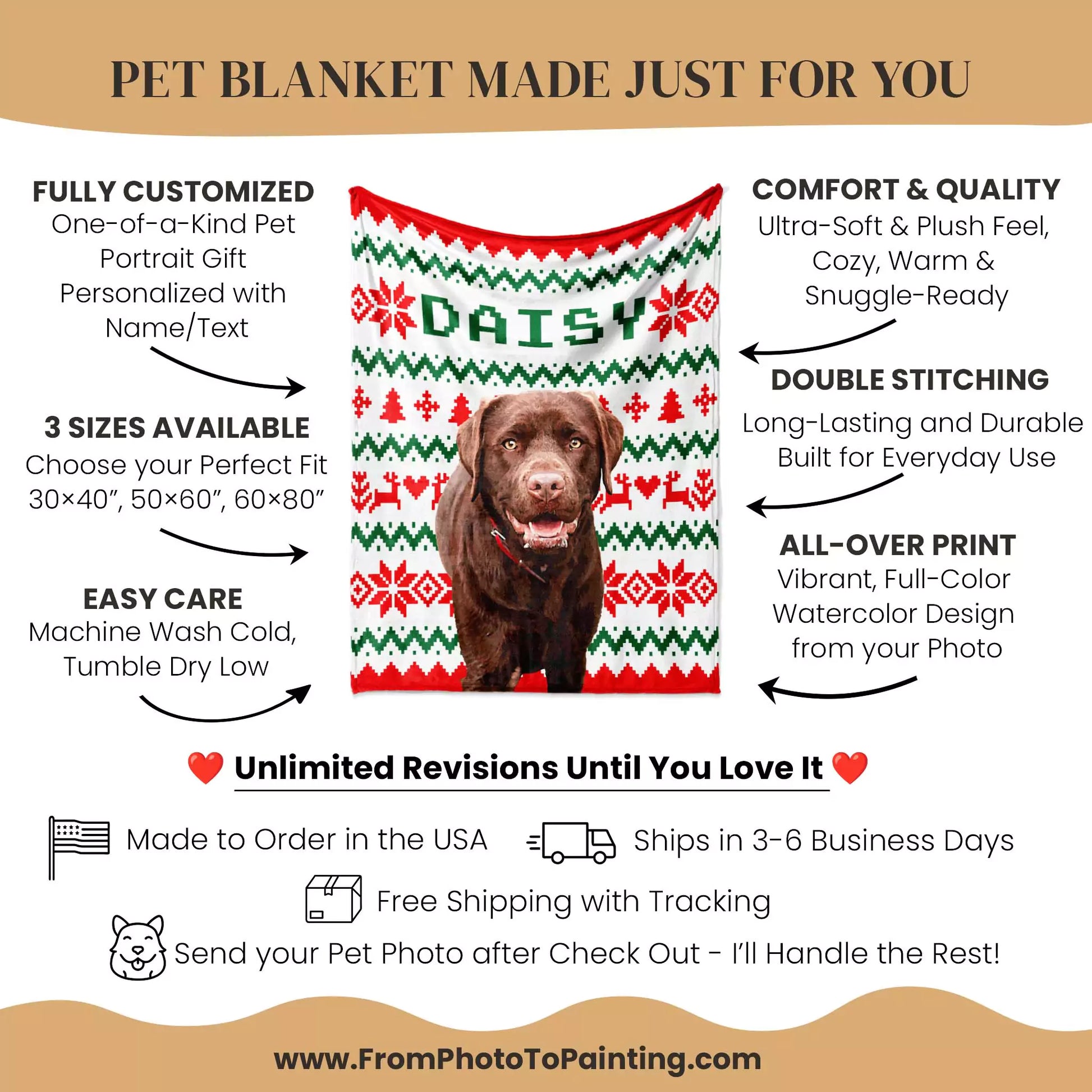 Ugly Sweater Christmas Custom Made Dog Blanket for Brown Labrador - FromPhotoToPainting