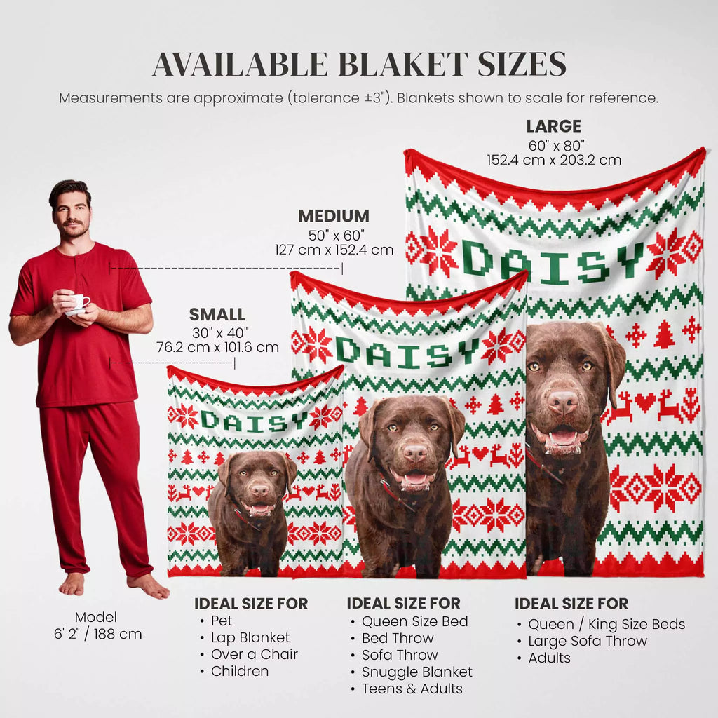 Daisy name custom dog blanket sizes chart with a man and dogs for scale