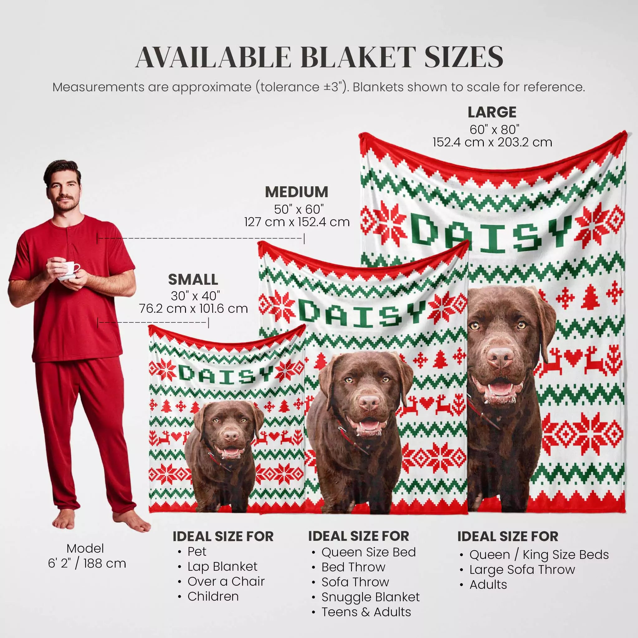 Daisy name custom dog blanket sizes chart with a man and dogs for scale