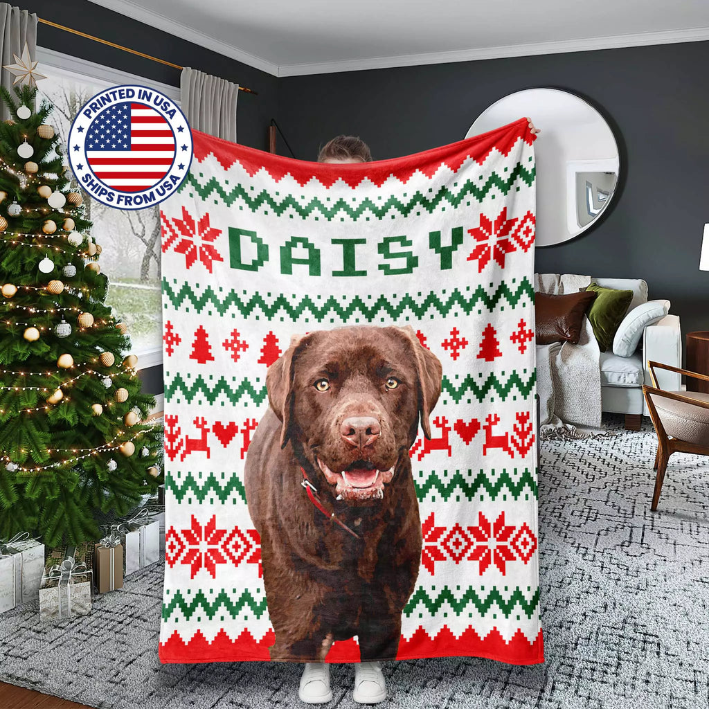 Christmas-themed dog blanket with a dog's face printed on it, held by a person in a living room.