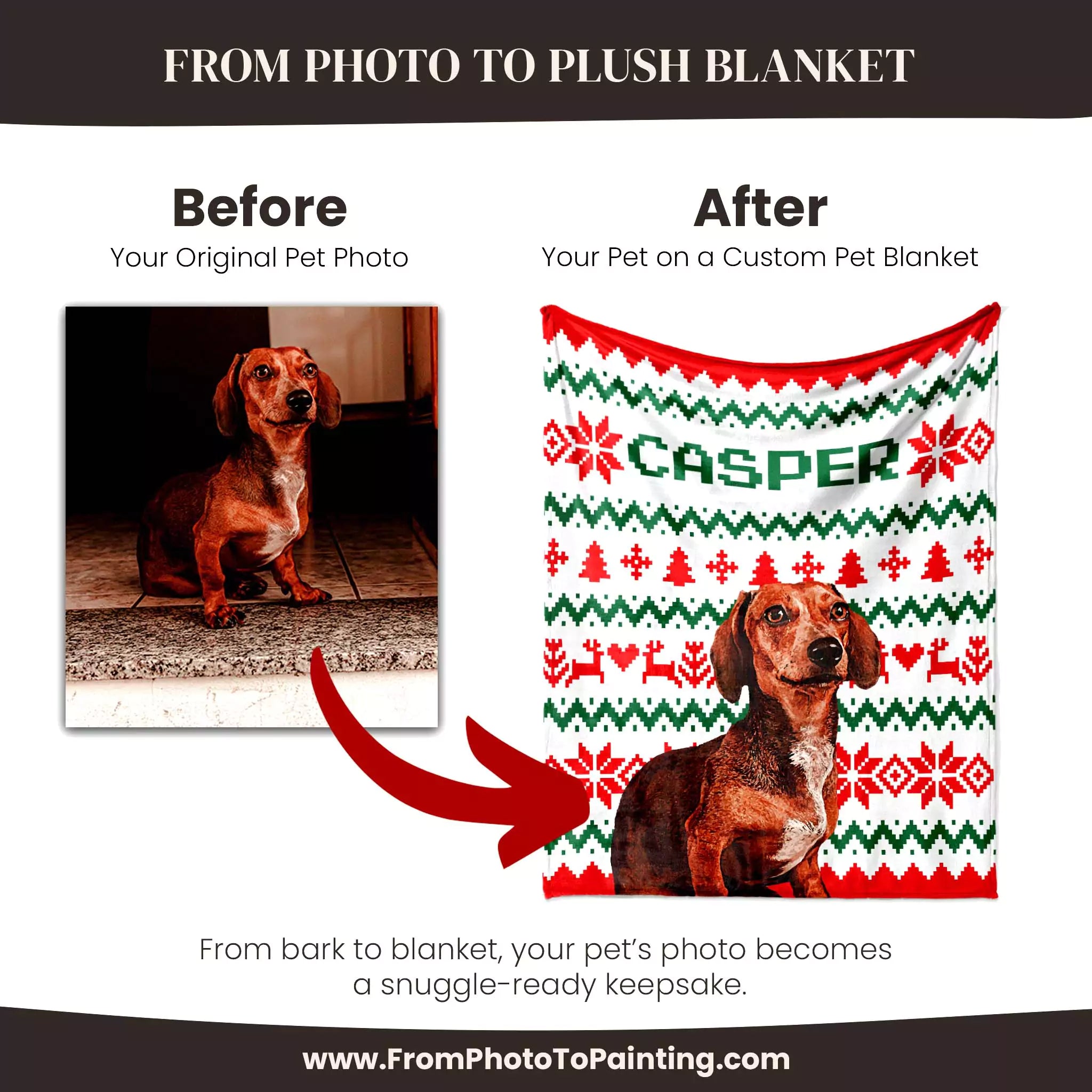 Before and after comparison of a Dachshund dog photo on a custom pet ugly sweater Christmas blanket with 'Casper' branding.