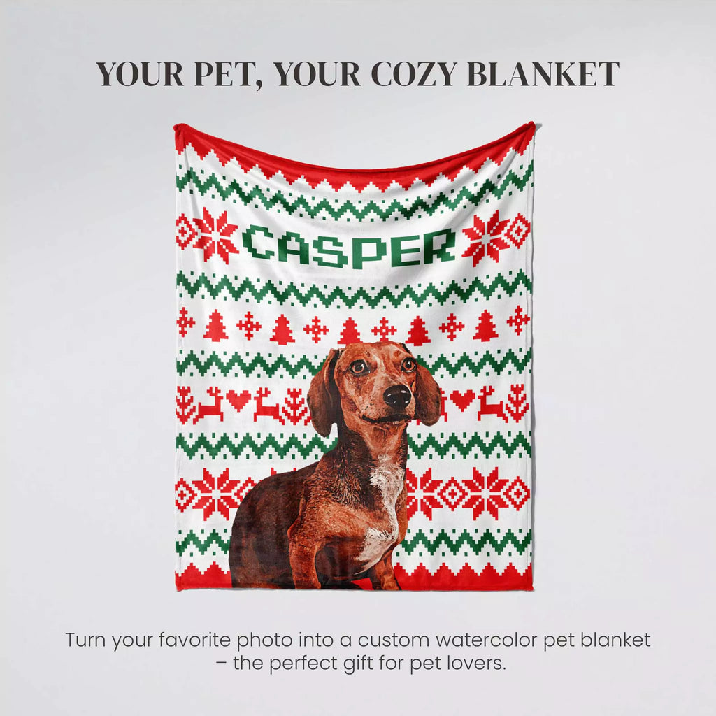 Dachshund dog on a patterned ugly sweater blanket with 'Casper' branding and text about customizable pet blankets.