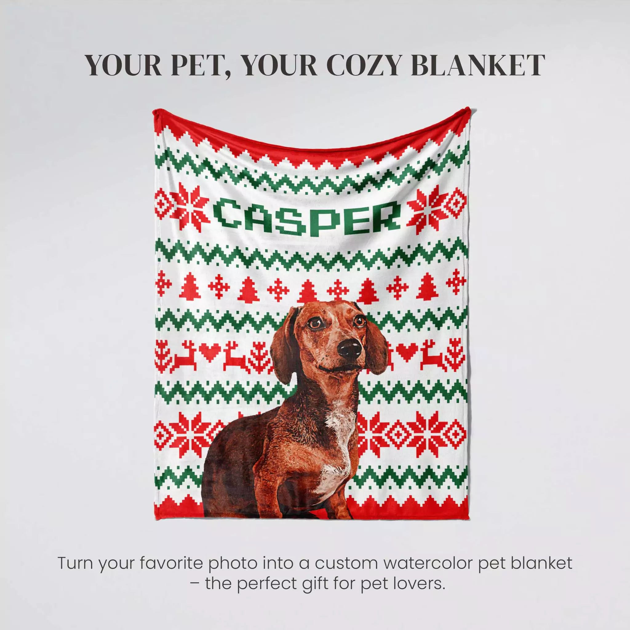 Dachshund dog on a patterned ugly sweater blanket with 'Casper' branding and text about customizable pet blankets.