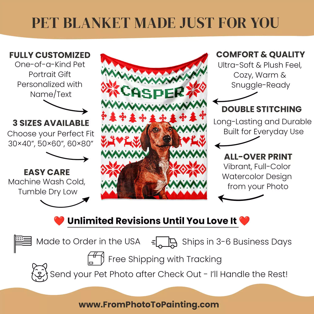 Dog Dachshund blanket with a dog design and promotional text for customization and features.
