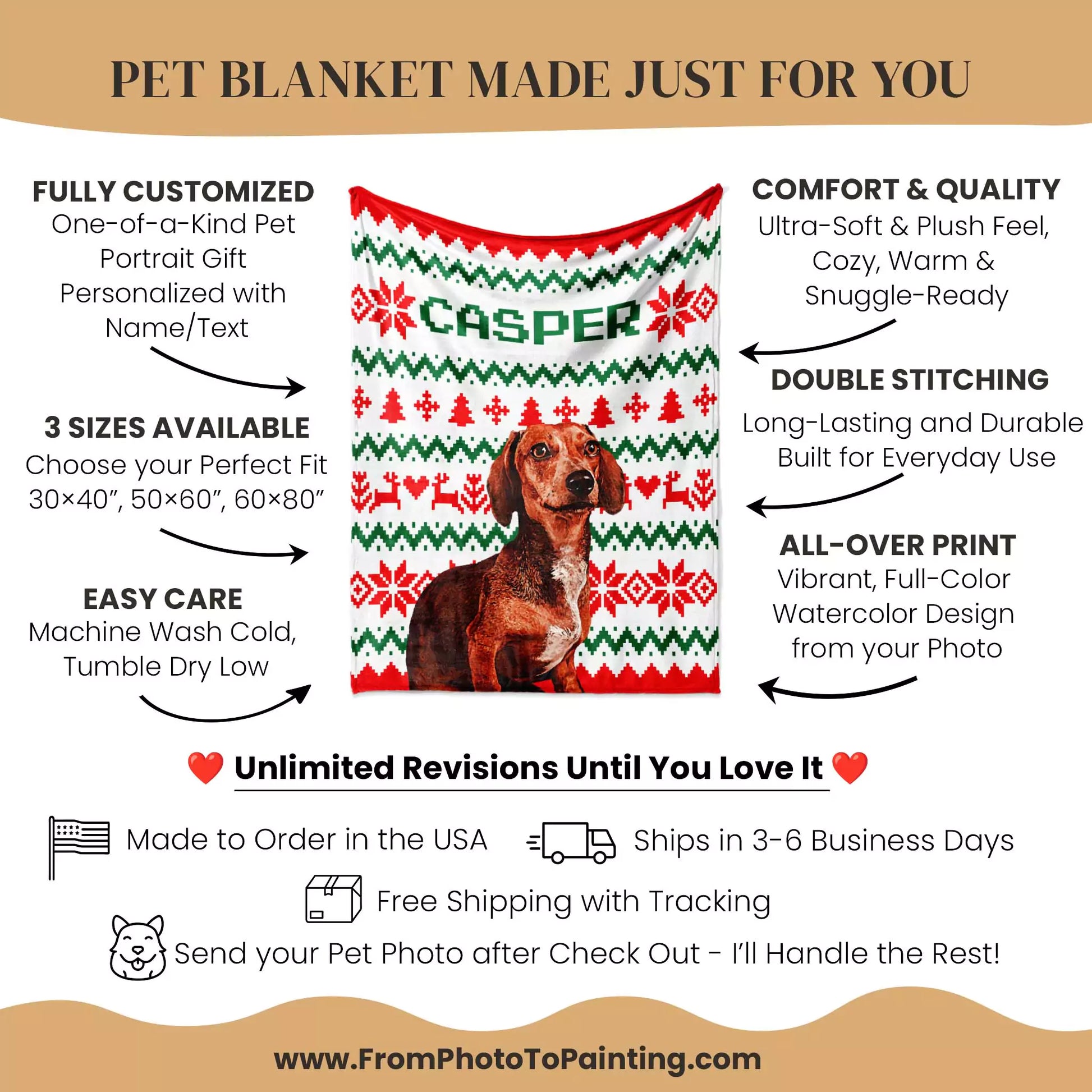 Ugly Sweater Christmas Custom Made Photo Blanket for Dachshund Dog - FromPhotoToPainting