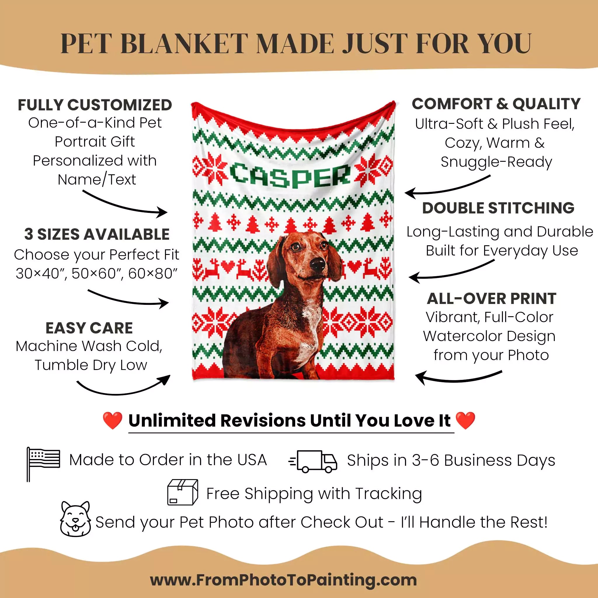Dog Dachshund blanket with a dog design and promotional text for customization and features.