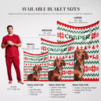 Casper Dachshund dog blanket sizes chart with a person for scale, featuring Christmas-themed ugly sweater design.