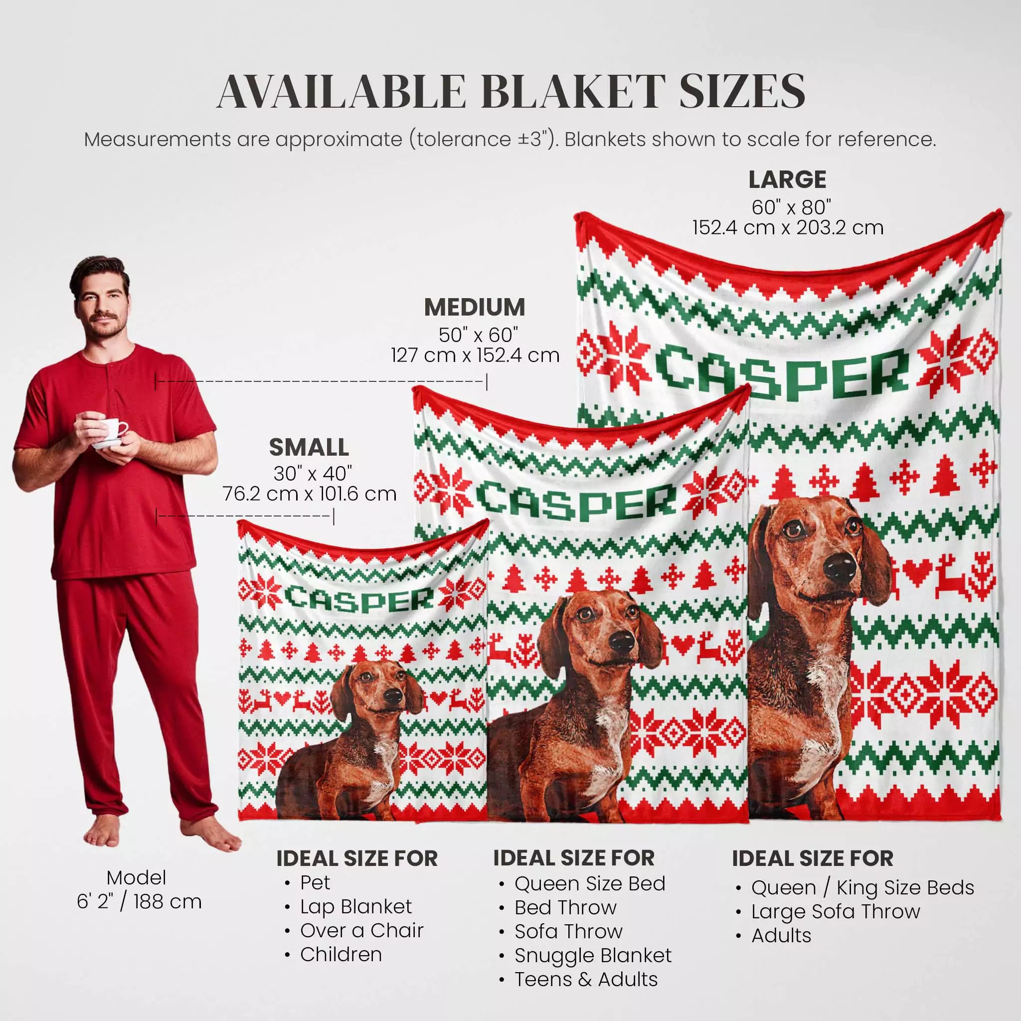 Casper Dachshund dog blanket sizes chart with a person for scale, featuring Christmas-themed ugly sweater design.