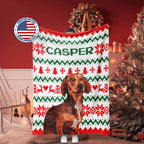 Christmas-themed ugly sweater Dachshund dog blanket with a dog design and 'Casper' branding, displayed in a festive room.